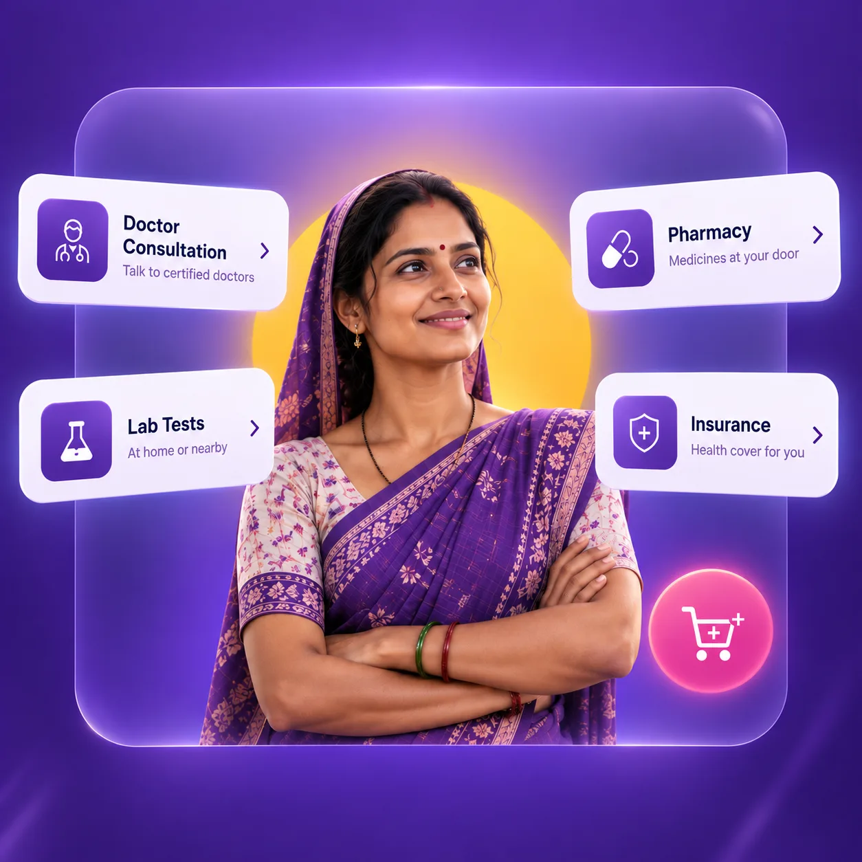 A member standing calmly with aiqa's services around her: Doctor Consultation, talk to certified doctors; Lab Tests, at home or nearby; Pharmacy, medicines at your door; and Insurance, health cover for you — each offered as a card inside a product she already uses.