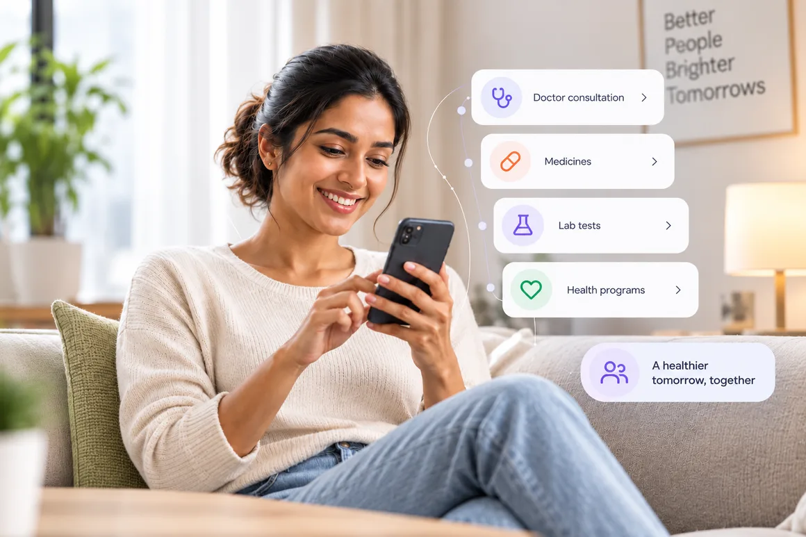 A member at home using the aiqa app on her phone, with doctor consultations, medicines, lab tests and health programmes within reach.