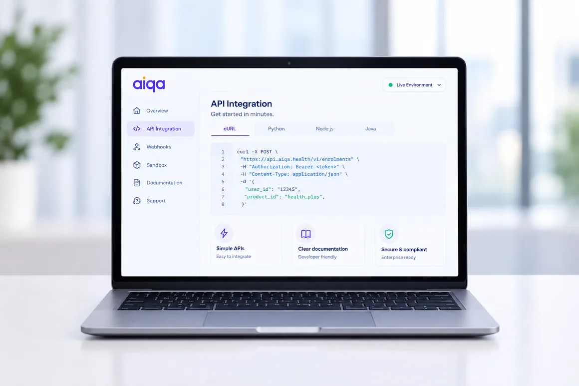 A laptop on a desk showing the aiqa partner console open on its API integration page, with an enrolment request in cURL and tabs for Python, Node.js and Java.