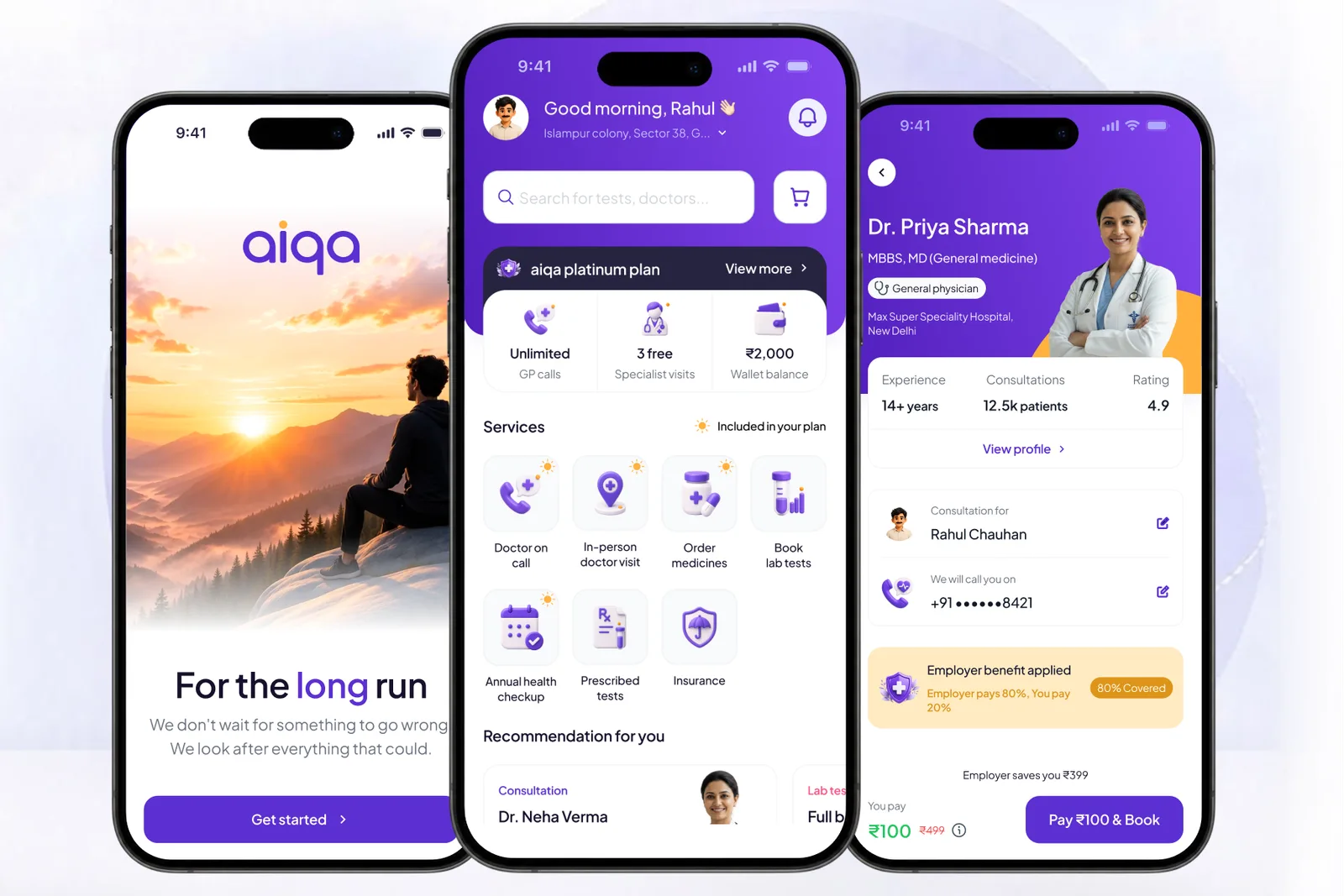 Three phones showing the aiqa customer app: a welcome screen, a home screen with the member's plan and services, and a doctor's profile ready to book with the employer's share of the fee already applied.
