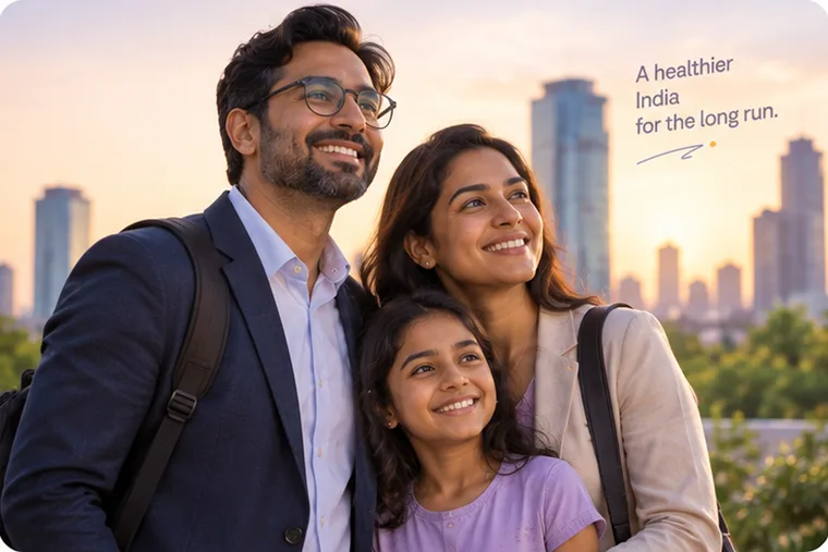 A family of three outdoors at sunset, a city skyline behind them.