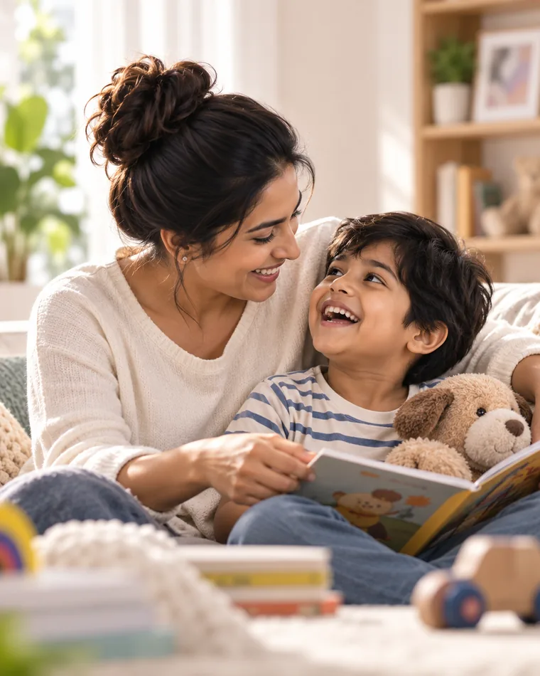 A mother and her young son on the sofa with a picture book open across their laps, the boy laughing up at her.