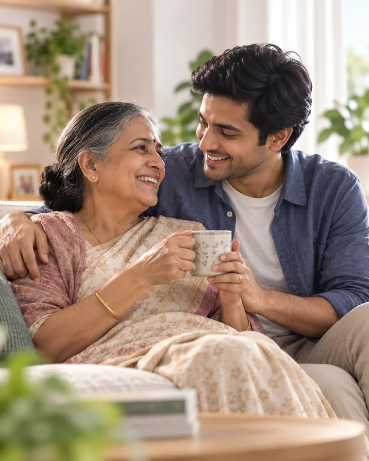 A man sitting close to his mother on a sofa at home, the two of them holding a cup of tea between them and smiling at each other.