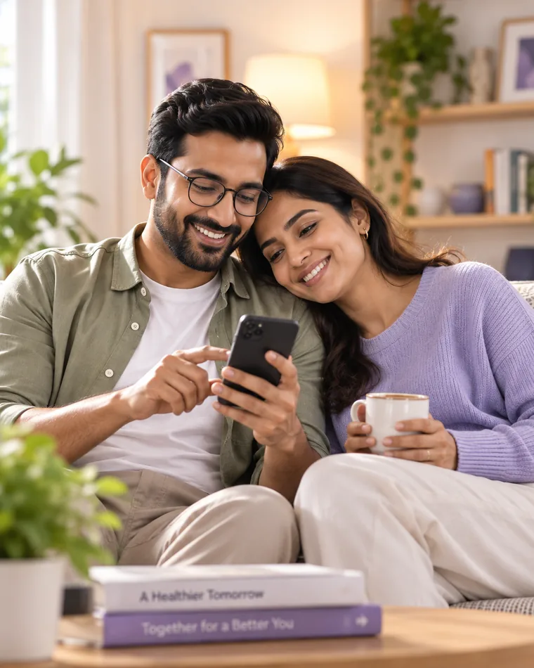A couple leaning together on their sofa, looking at something on a phone he is holding while she rests a mug in her hand.