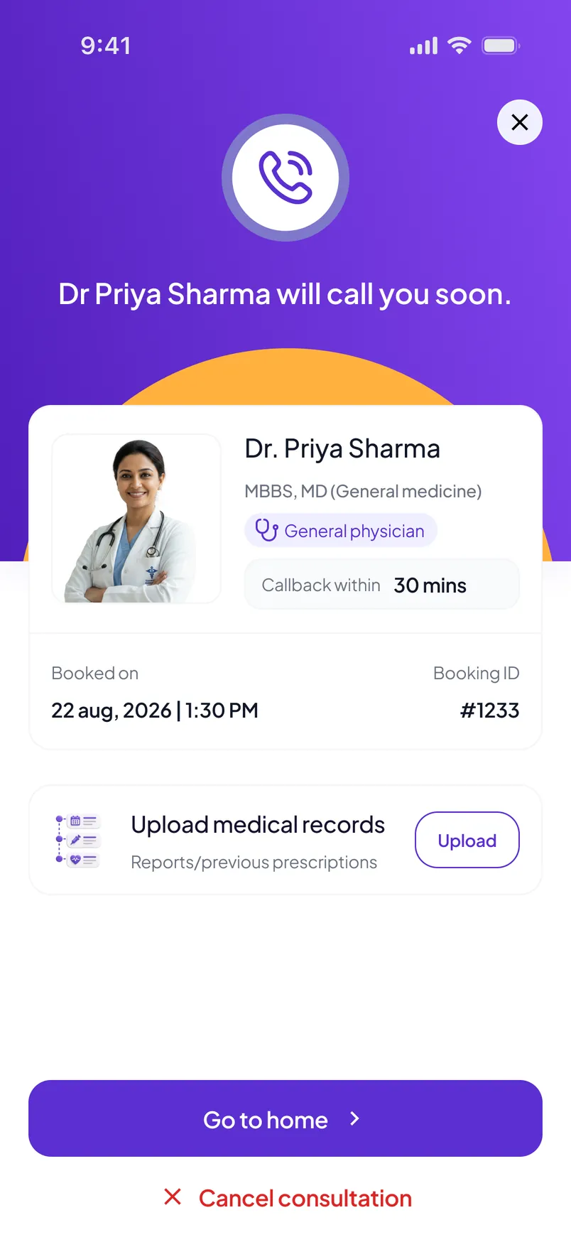 The aiqa app confirming a booked consultation: Dr Priya Sharma will call you soon, a callback promised within 30 minutes, the booking date and reference number, and an option to upload reports or previous prescriptions before the call.