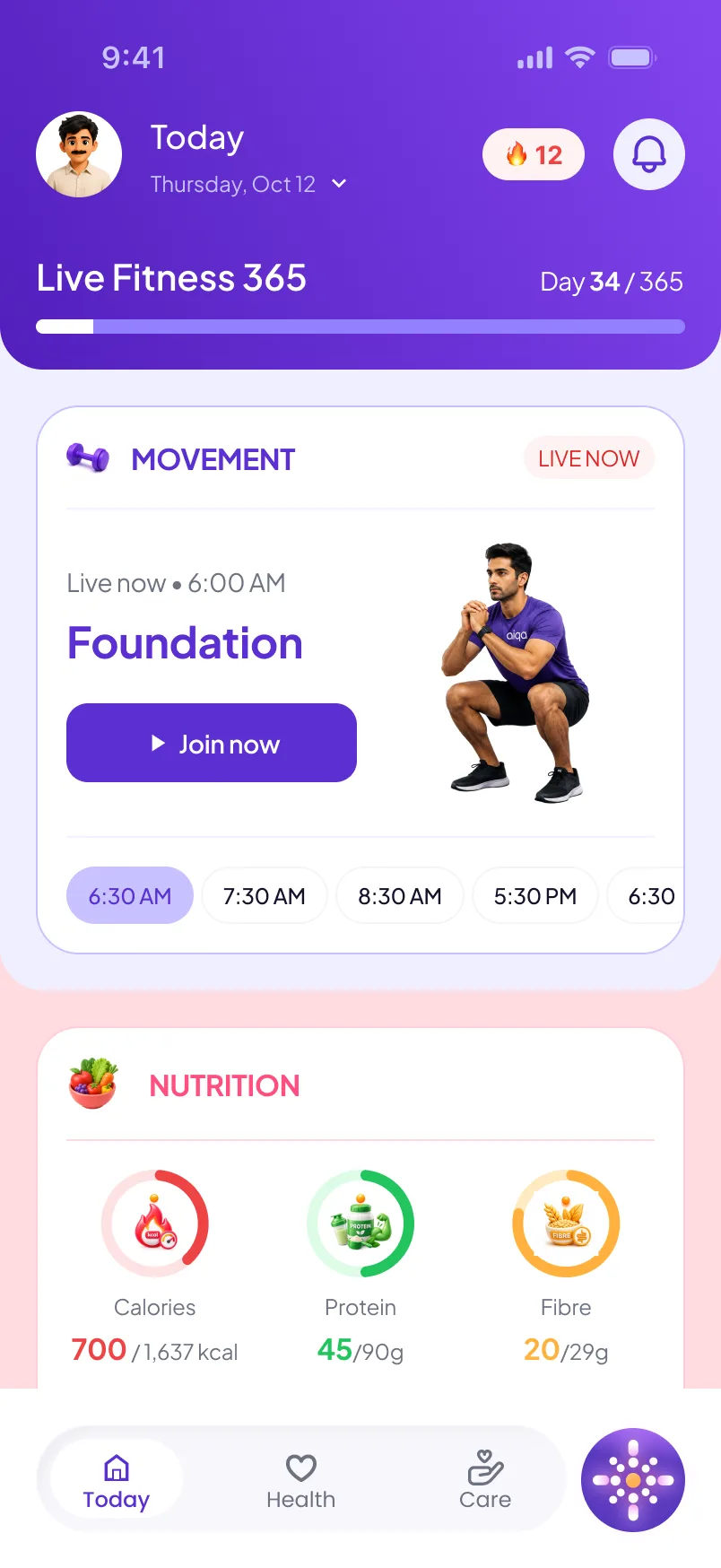 The aiqa app on Live Fitness 365, day 34 of 365: a Foundation movement class live now at 6:00 AM with a Join now button and later times at 6:30, 7:30 and 8:30 AM, and the day's nutrition totals for calories, protein and fibre below it.