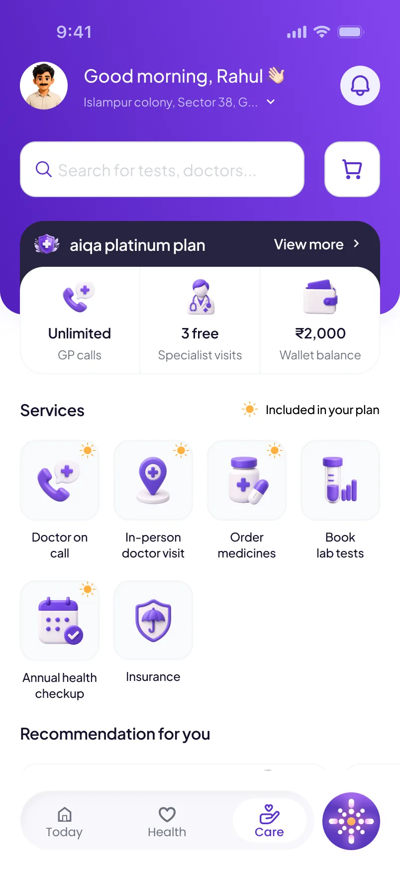 The aiqa app home screen, showing the member's platinum plan with unlimited GP calls, three free specialist visits and a wallet balance, over a grid of services included in the plan: doctor on call, in-person doctor visit, order medicines, book lab tests, annual health checkup and insurance.