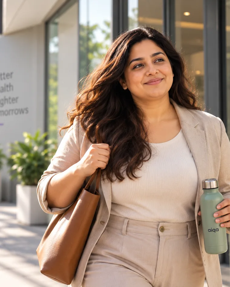 A woman leaving an aiqa clinic, on her way