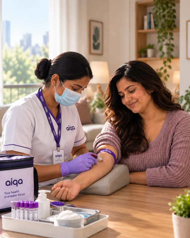 An aiqa phlebotomist taking a blood sample at a member's dining table, with the collection bag and tubes beside them