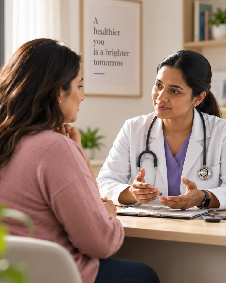 A doctor in conversation with a member across a consulting-room desk