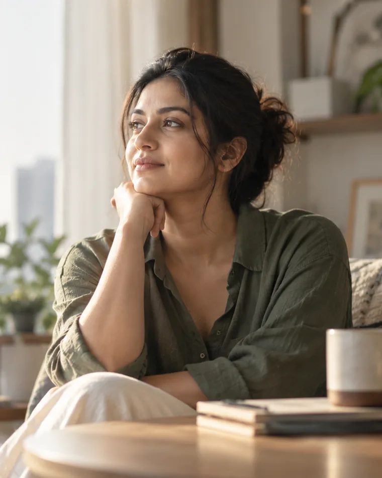 A woman sitting by a window at home with a mug beside her, looking out