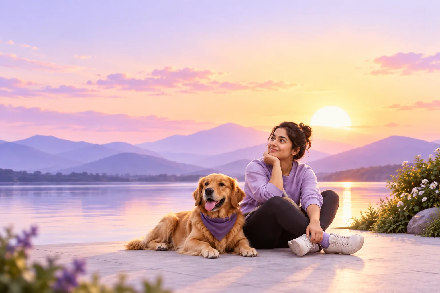 A woman sitting on a lakeside path at sunrise with her golden retriever beside her, looking out at the mountains.
